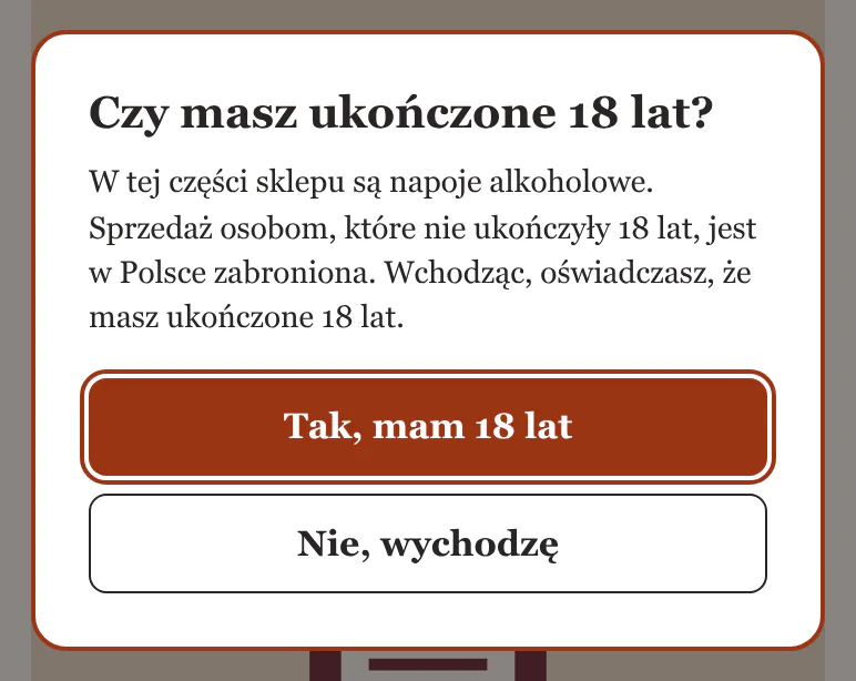 Okno pytania o wiek na białej karcie z miedzianą obwódką.