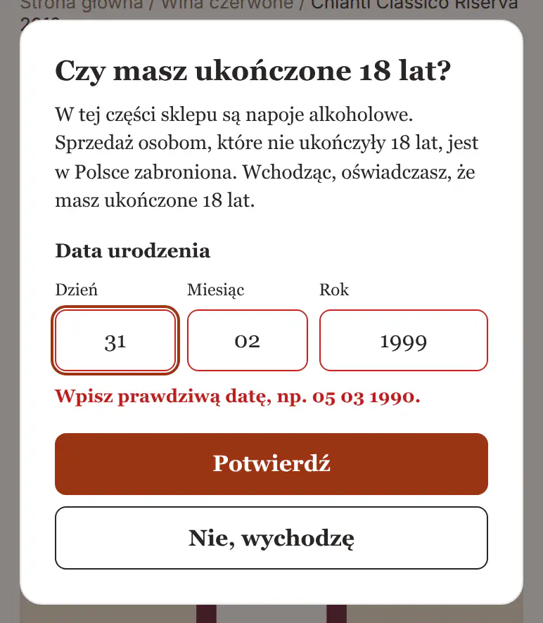 Okno z wpisaną nieprawdziwą datą 31 02 1999 i komunikatem „Wpisz prawdziwą datę, np. 05 03 1990.”