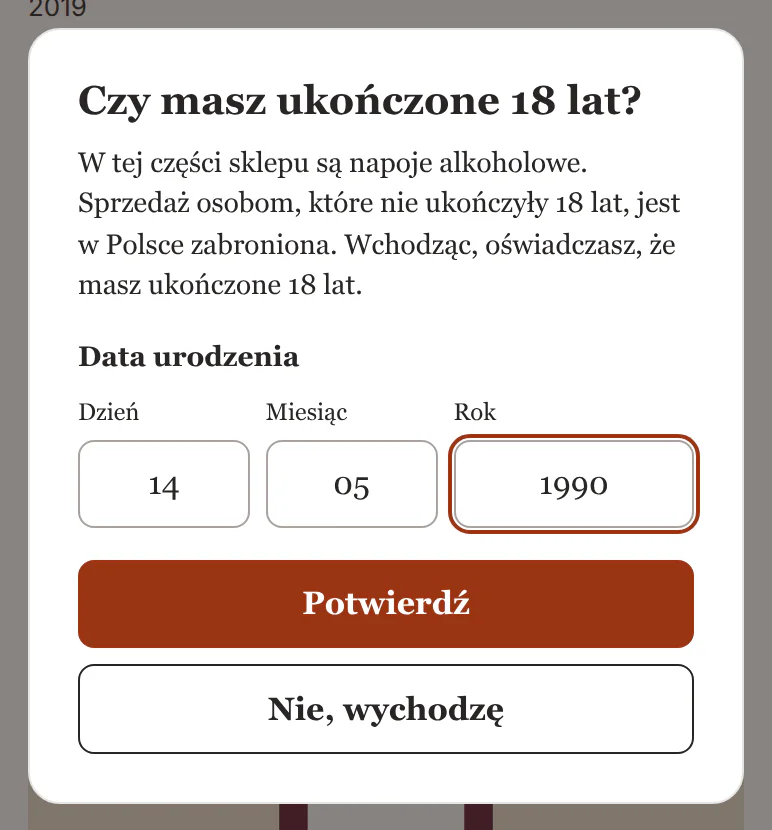 Okno z polami Dzień, Miesiąc i Rok wypełnionymi datą 14 05 1990 i przyciskami Potwierdź oraz „Nie, wychodzę”.