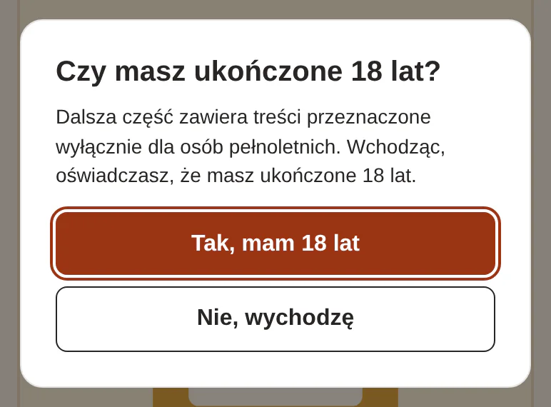 Okno z tekstem o treściach przeznaczonych wyłącznie dla osób pełnoletnich.