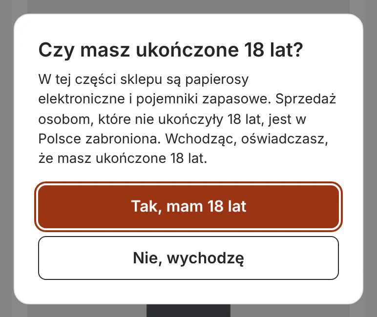 Okno z tekstem o papierosach elektronicznych i pojemnikach zapasowych.
