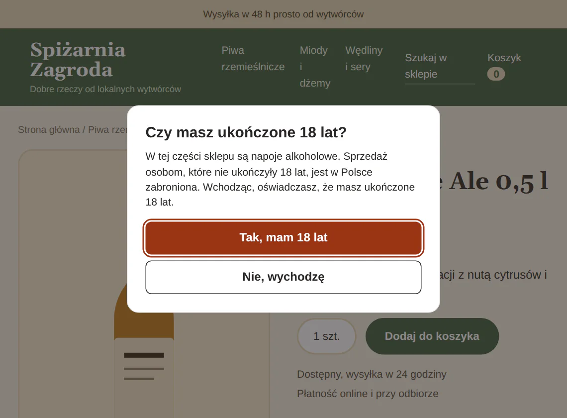 Karta piwa Kuźnia Pale Ale w sklepie Spiżarnia Zagroda z oknem pytania o wiek nad stroną.