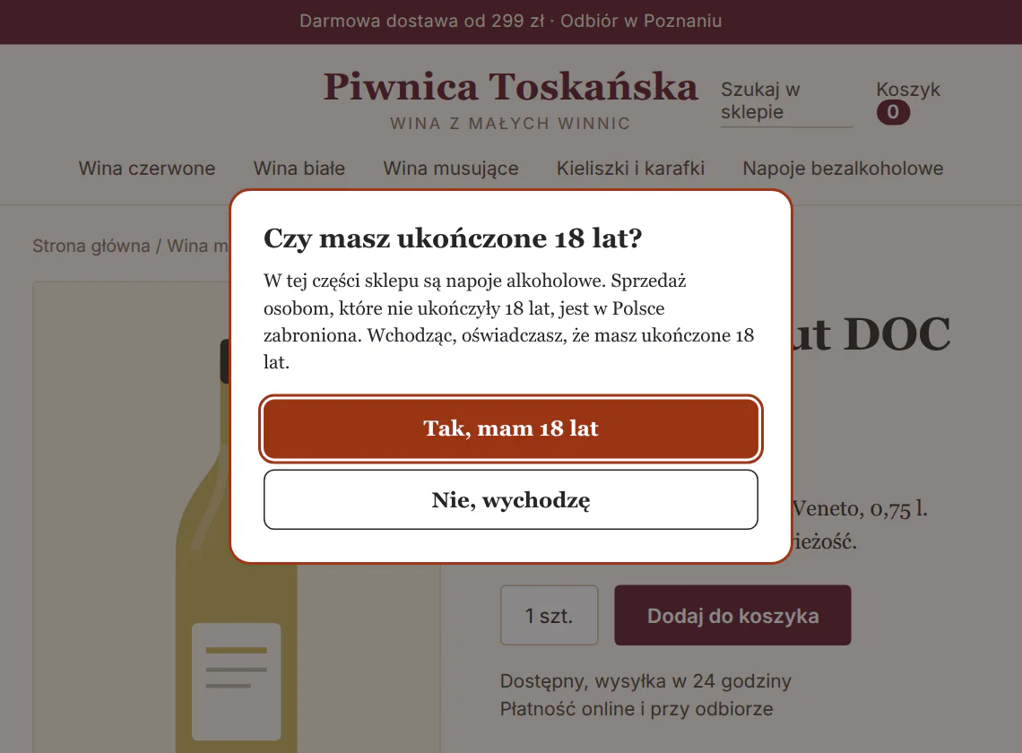 Karta wina Prosecco Brut w sklepie Piwnica Toskańska. Nad stroną okno pytania o wiek w ramce z miedzianą obwódką.