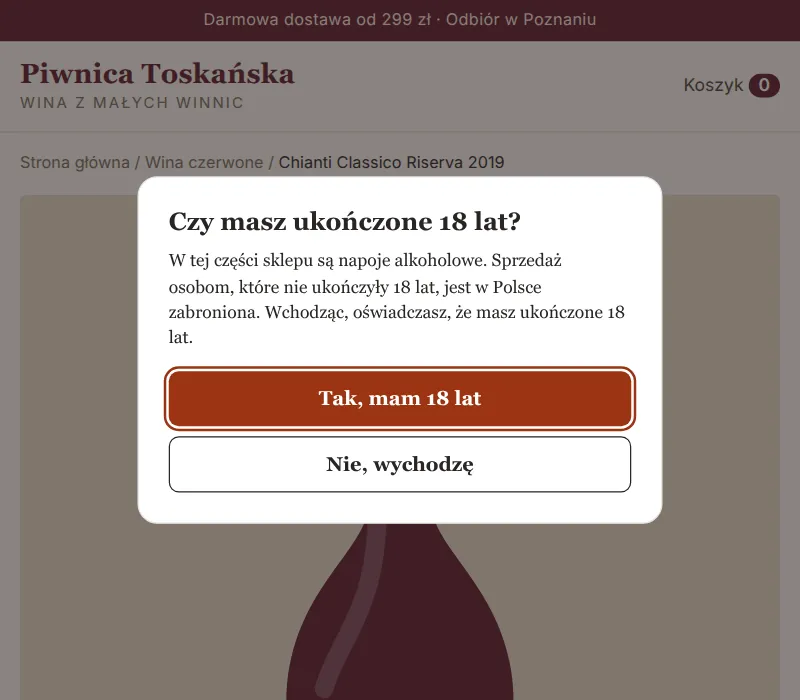 Animacja: klient klika „Nie, wychodzę” i trafia na stronę „Napoje bezalkoholowe” tego samego sklepu.