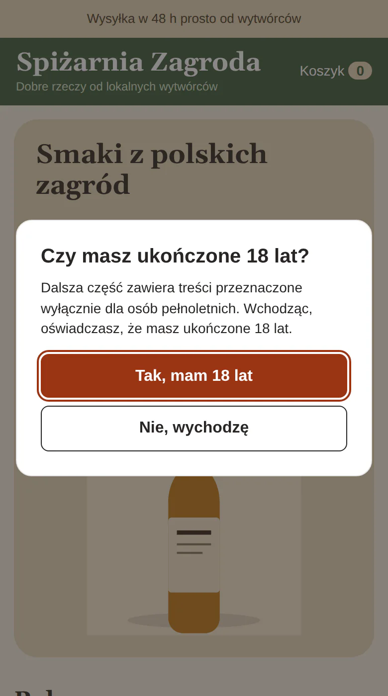 Strona główna sklepu Spiżarnia Zagroda z oknem pytania o wiek nad całą stroną.