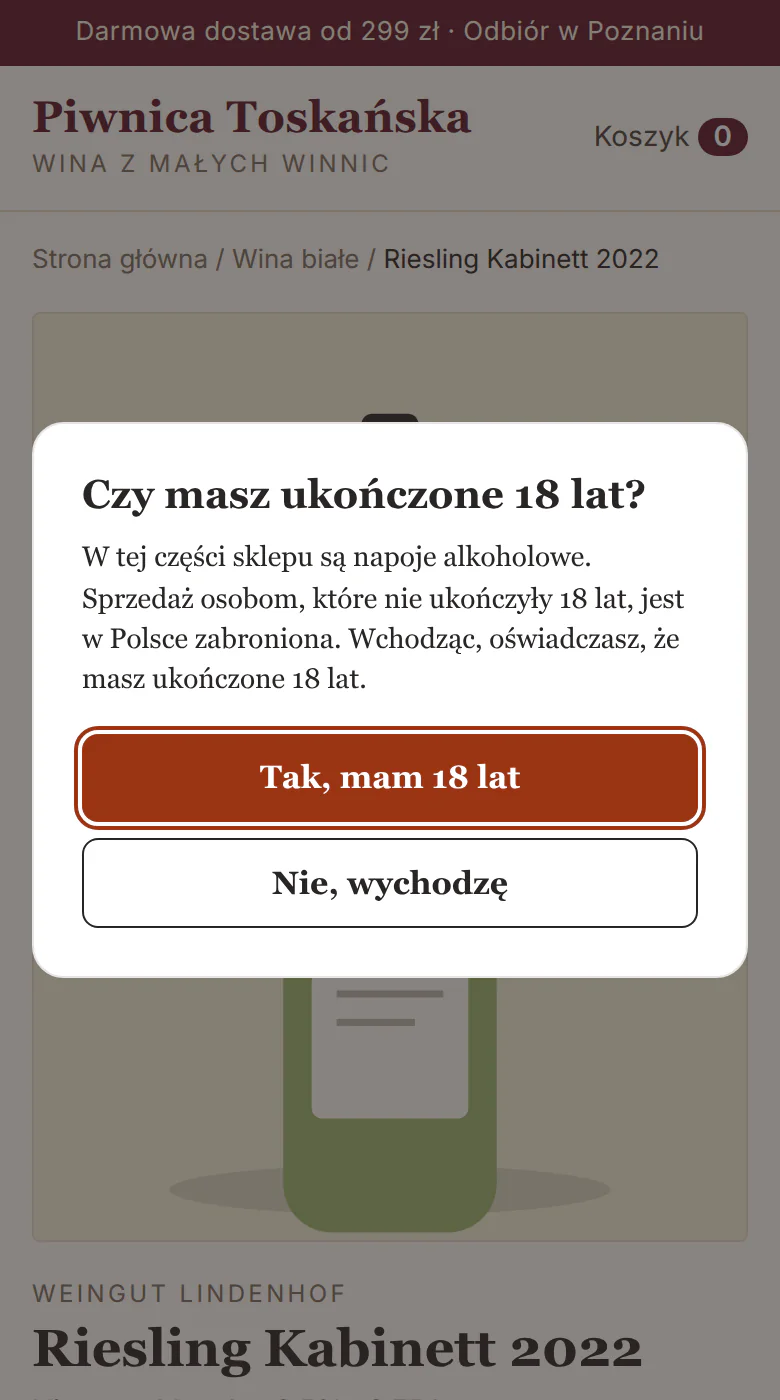 Karta wina Riesling Kabinett w sklepie z winami. Nad stroną okno „Czy masz ukończone 18 lat?” z przyciskami „Tak, mam 18 lat” i „Nie, wychodzę”.