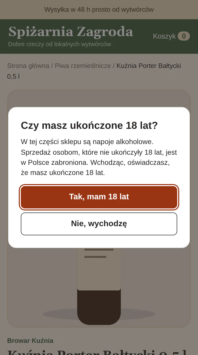 Karta piwa Kuźnia Porter Bałtycki w sklepie ze smakami lokalnych wytwórców, z oknem pytania o wiek.