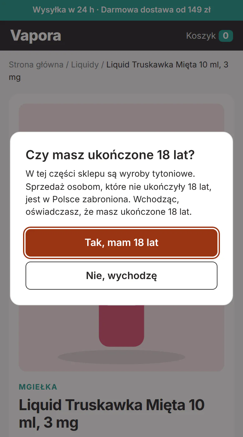 Karta liquidu Truskawka Mięta w sklepie z e-papierosami z oknem pytania o wiek.