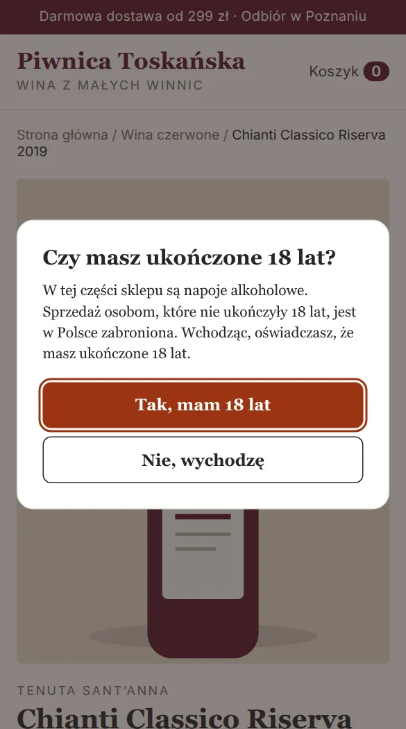 Animacja: klient klika „Tak, mam 18 lat”, okno znika, a po odświeżeniu strony nie wraca.